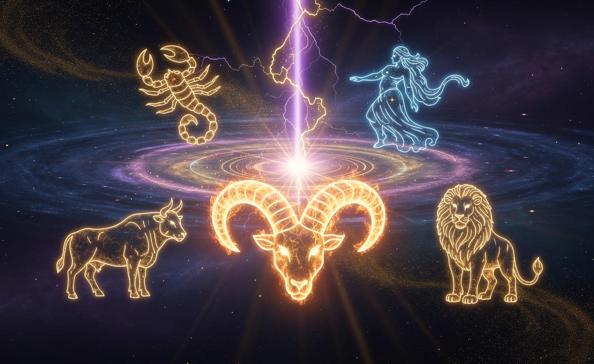 Illustration von fünf Sternzeichen-Symbolen im kosmischen Umbruch, getroffen von transformativen Energiestrahlen am 5. April 2026.