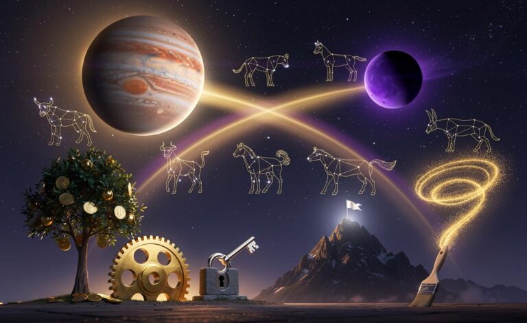 Illustration von Jupiter und Pluto in harmonischer Konstellation über den Sternzeichen Stier, Jungfrau, Skorpion, Steinbock und Fische, die symbolisch ihren Wohlstand steigern.