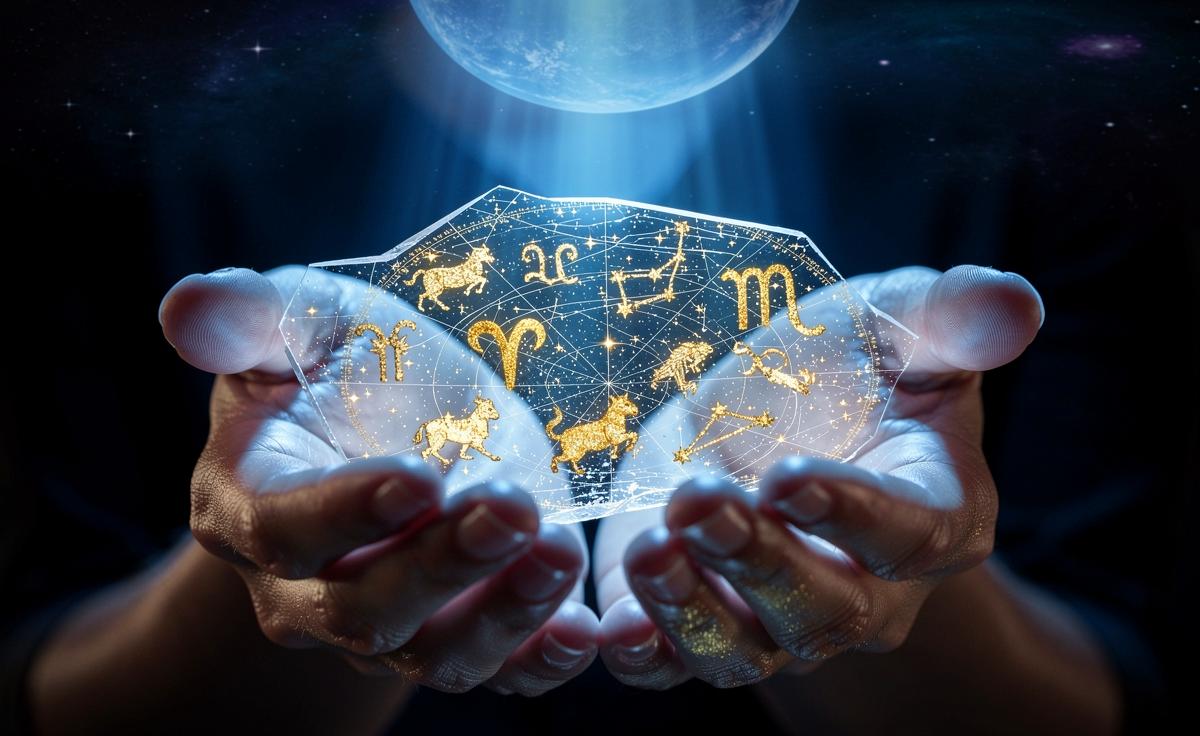 Illustration von sechs Sternzeichen-Symbolen vor einem kosmischen Hintergrund, die von einem Lichtstrahl intuitiver Führung getroffen werden, während ein Neumond neben dem Planeten Neptun steht.