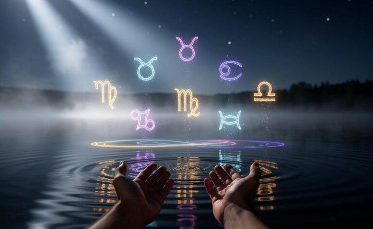 Illustration von sieben Sternzeichen-Symbolen, die in einem sanften, nebligen Lichtband aus den Sternen des Frühlingshimmels über einem ruhigen See emporsteigen.