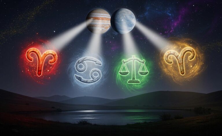 Illustration von vier Sternzeichen-Symbolen (Widder, Krebs, Waage, Steinbock) vor einem kosmischen Hintergrund mit Planetenkonstellation am 5. April 2026, die Lichtpfade zu neuen Gesundheitswegen wie intuitiver Regeneration und emotionaler Entgiftung senden.