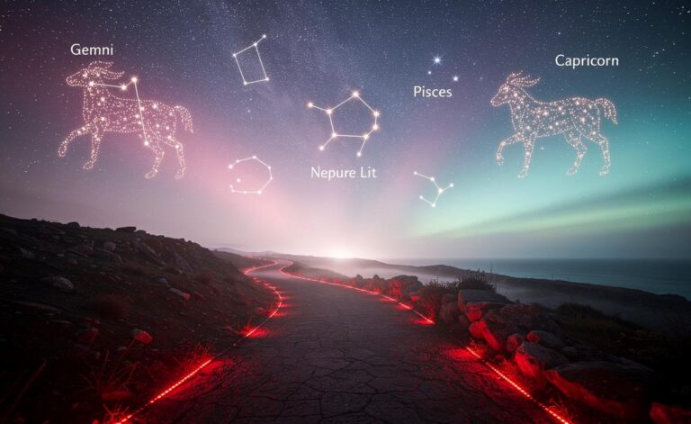 Illustration von kosmischen Energien und Planetenkonstellationen über einem Pfad in einer nächtlichen Landschaft.